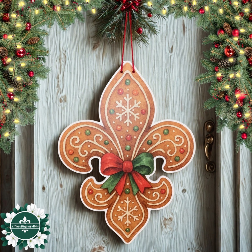 Gingerbread Fleur de Lis Door Hanger Red Green Bow New Orleans Christmas Decor